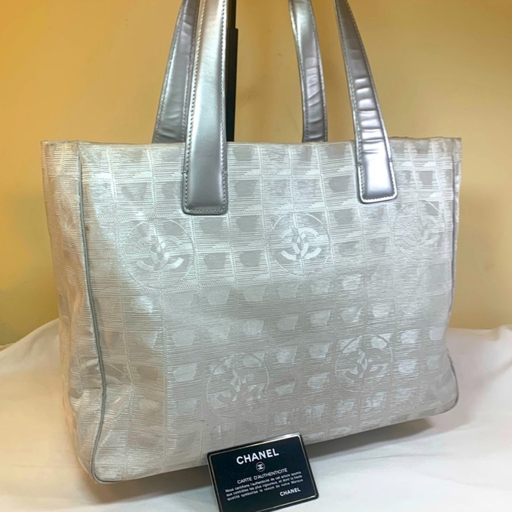 Chanel Rare Silver Travel Line Fabric Tote with Silver Leather Handles